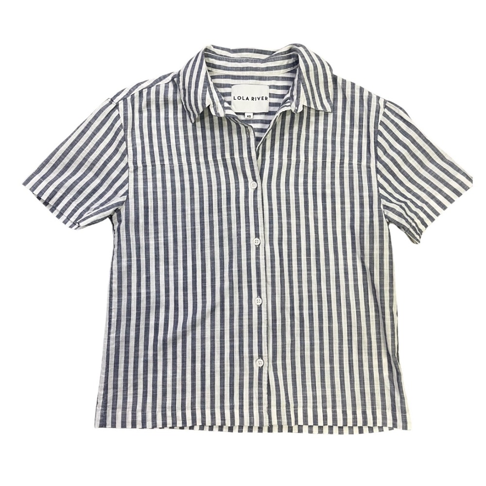 Lola River Womens XS Blue White Striped Short Sleeve Cotton Button Down Shirt